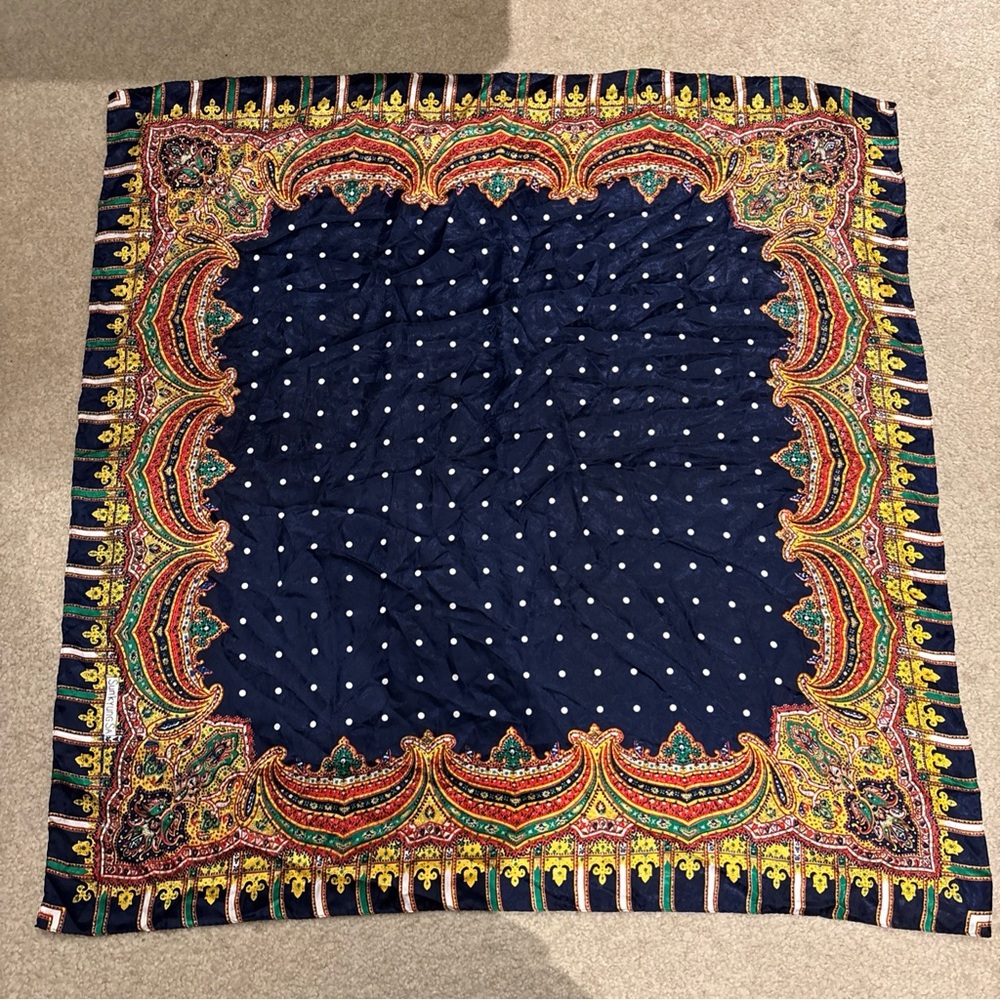 100% Silk Scarf Dark Blue White Polka Dots Square 33.5 in x 35.5 in SunKyung Sa